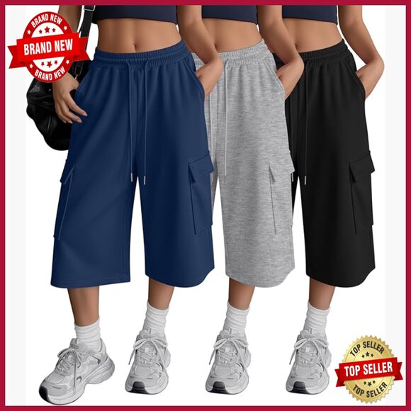 3 Pack Wide Leg Jogger Capri Pants Cargo Pockets Athletic Sweatpants
